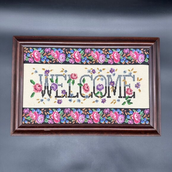 Handmade Floral Welcome Wall Hanging Framed Cross Stitch Art Granny Chic Decor - Picture 1 of 12